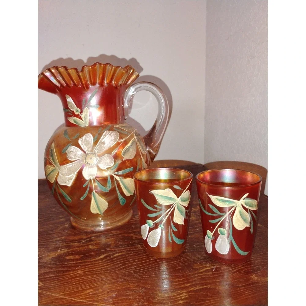 Fenton Marigold Carnival Glass Lotus Water Pitcher and 5 Glasses Set Vintage